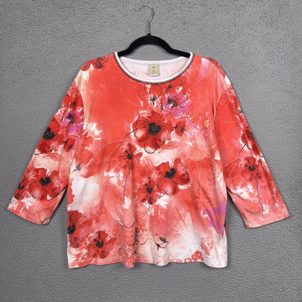 VTG Jess & Jane Top Women 2X Coral Floral Artsy‎ Watercolor Spring Mature Office